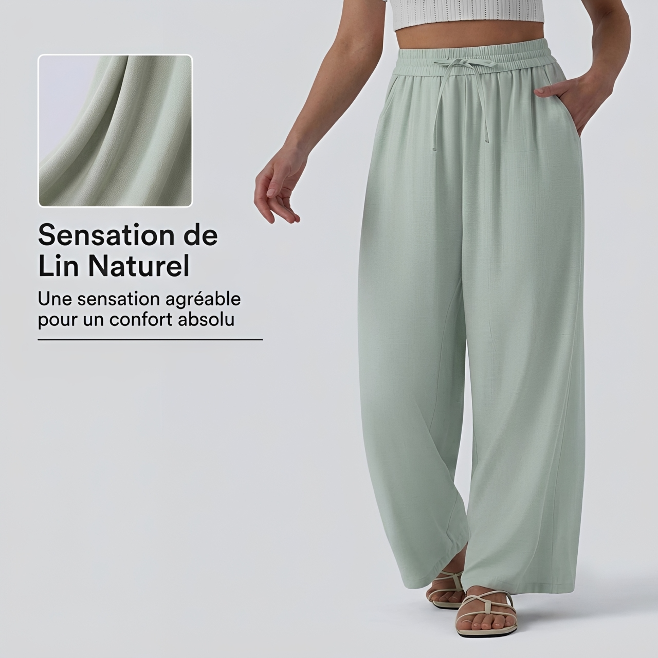 Pantalon casual large mélange lin taille haute avec cordon de serrage et poches