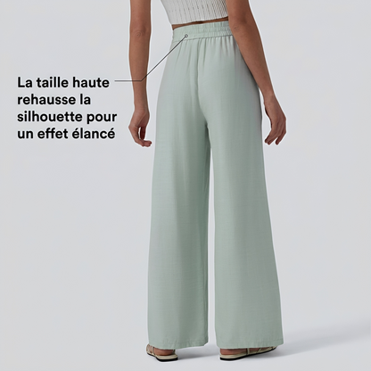 Pantalon casual large mélange lin taille haute avec cordon de serrage et poches