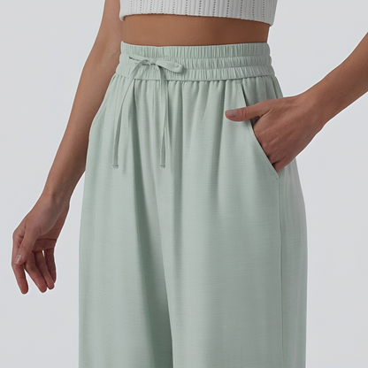 Pantalon casual large mélange lin taille haute avec cordon de serrage et poches