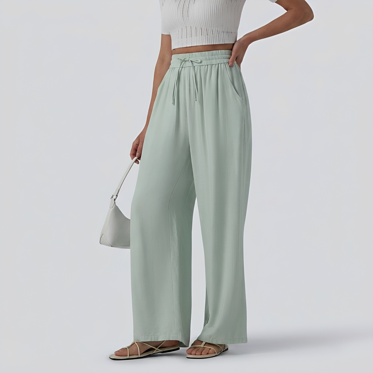 Pantalon casual large mélange lin taille haute avec cordon de serrage et poches