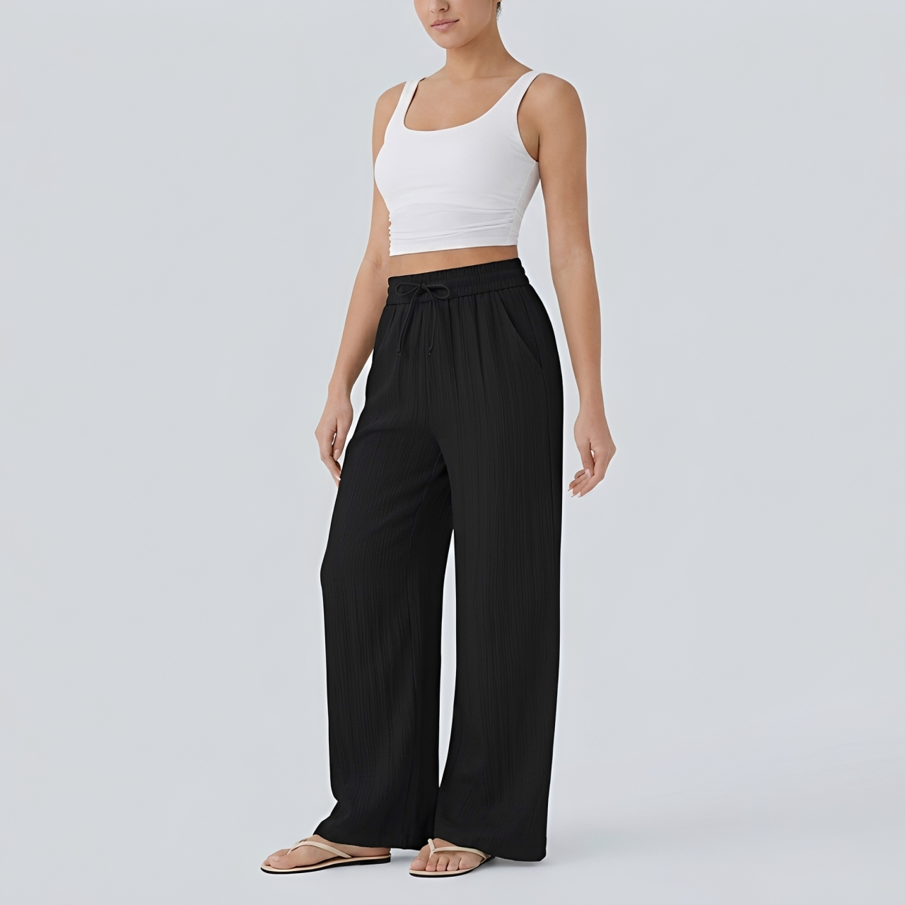 Pantalon casual large mélange lin taille haute avec cordon de serrage et poches