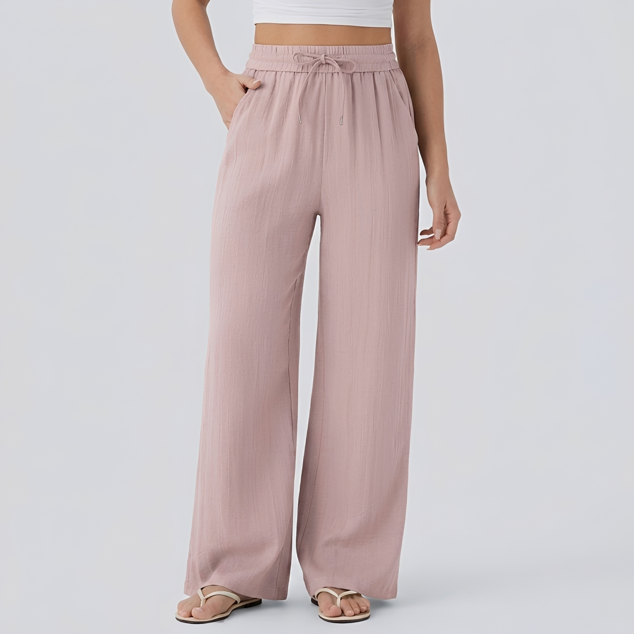 Pantalon casual large mélange lin taille haute avec cordon de serrage et poches