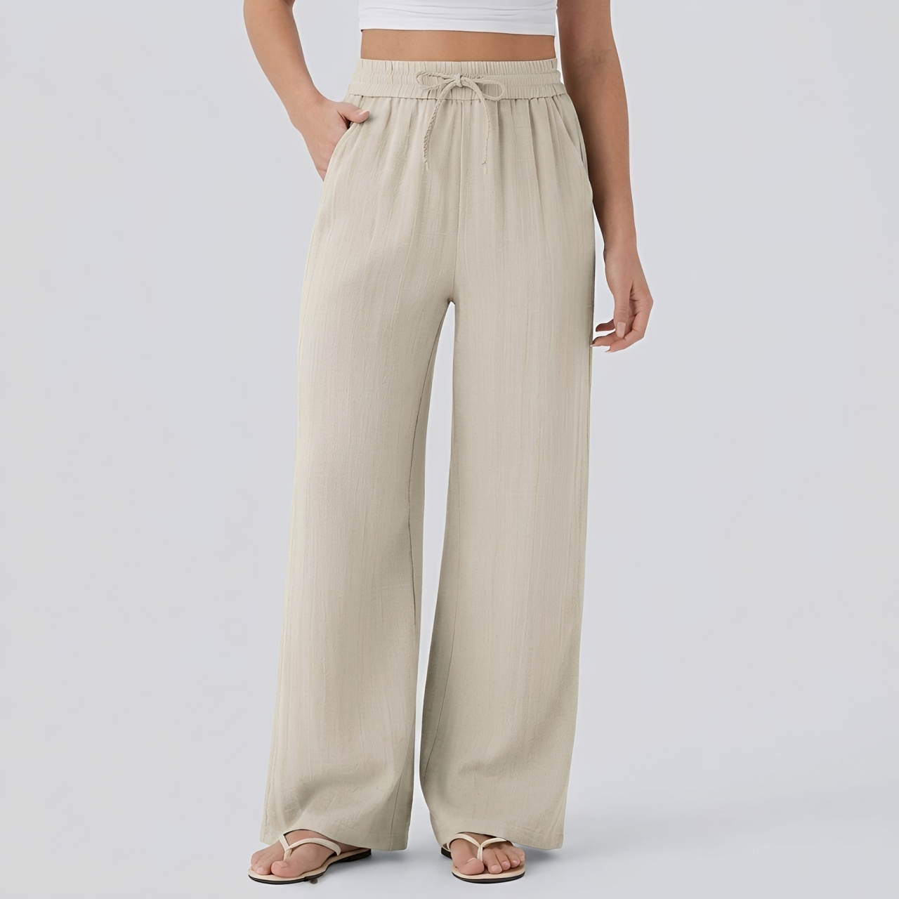 Pantalon casual large mélange lin taille haute avec cordon de serrage et poches