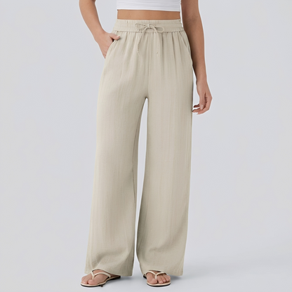 Pantalon casual large mélange lin taille haute avec cordon de serrage et poches