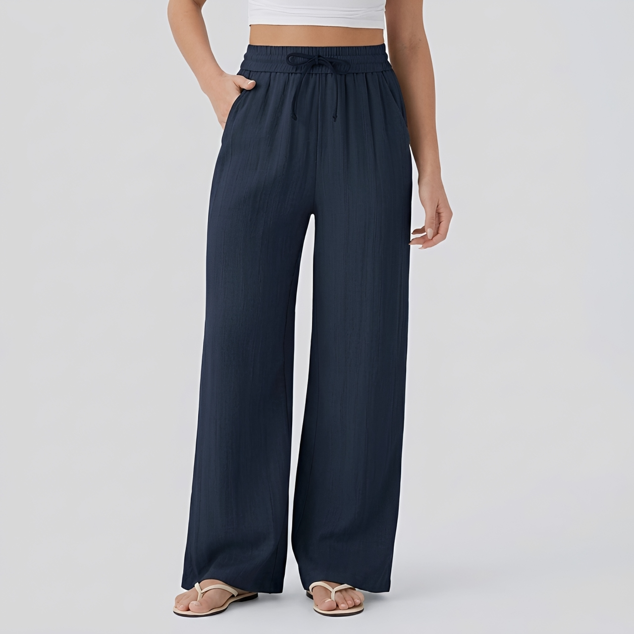 Pantalon casual large mélange lin taille haute avec cordon de serrage et poches