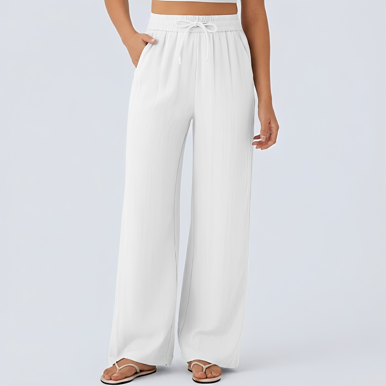 Pantalon casual large mélange lin taille haute avec cordon de serrage et poches
