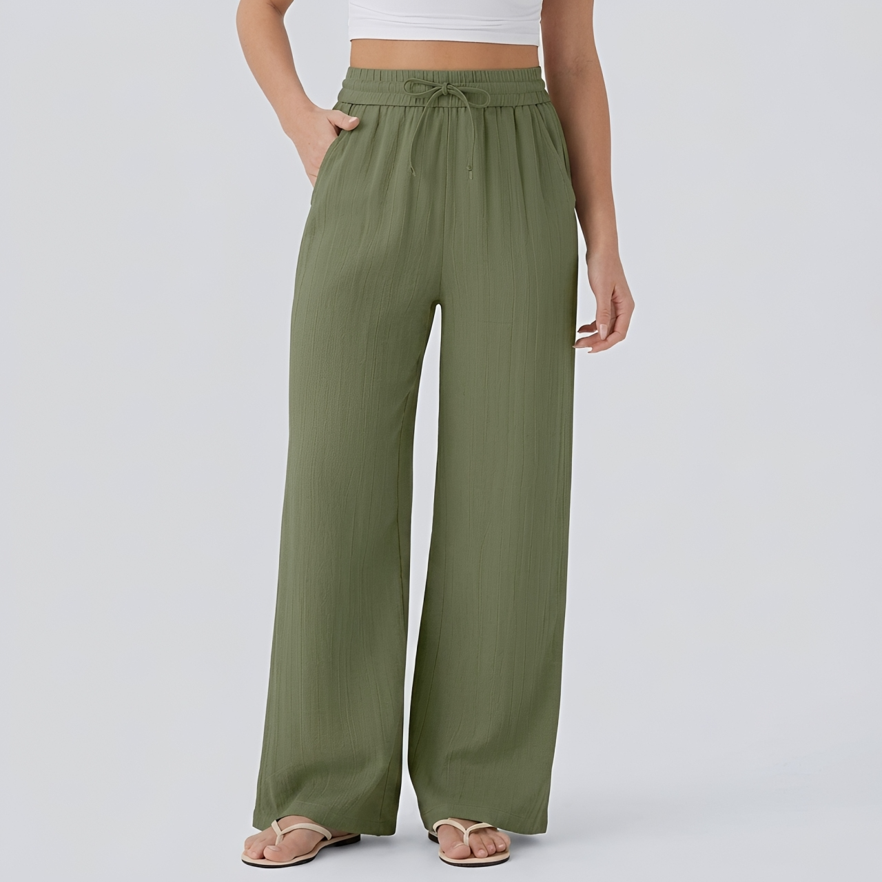 Pantalon casual large mélange lin taille haute avec cordon de serrage et poches