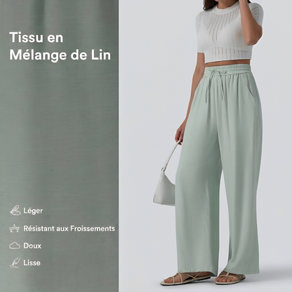 Pantalon casual large mélange lin taille haute avec cordon de serrage et poches