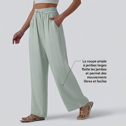 Pantalon casual large mélange lin taille haute avec cordon de serrage et poches