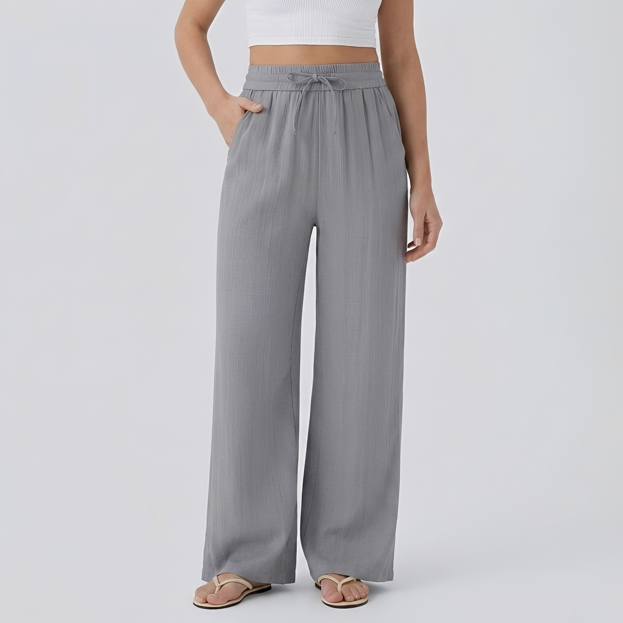 Pantalon casual large mélange lin taille haute avec cordon de serrage et poches