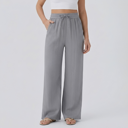 Pantalon casual large mélange lin taille haute avec cordon de serrage et poches